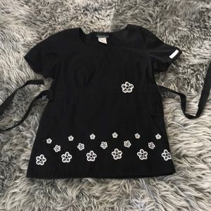 Cherokee Black Scrub top with white flowers - cute